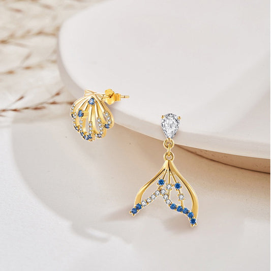 Earrings - S925 Sterling Silver Mermaid Tail Shell Earrings (AB Style), Unique Design for Women